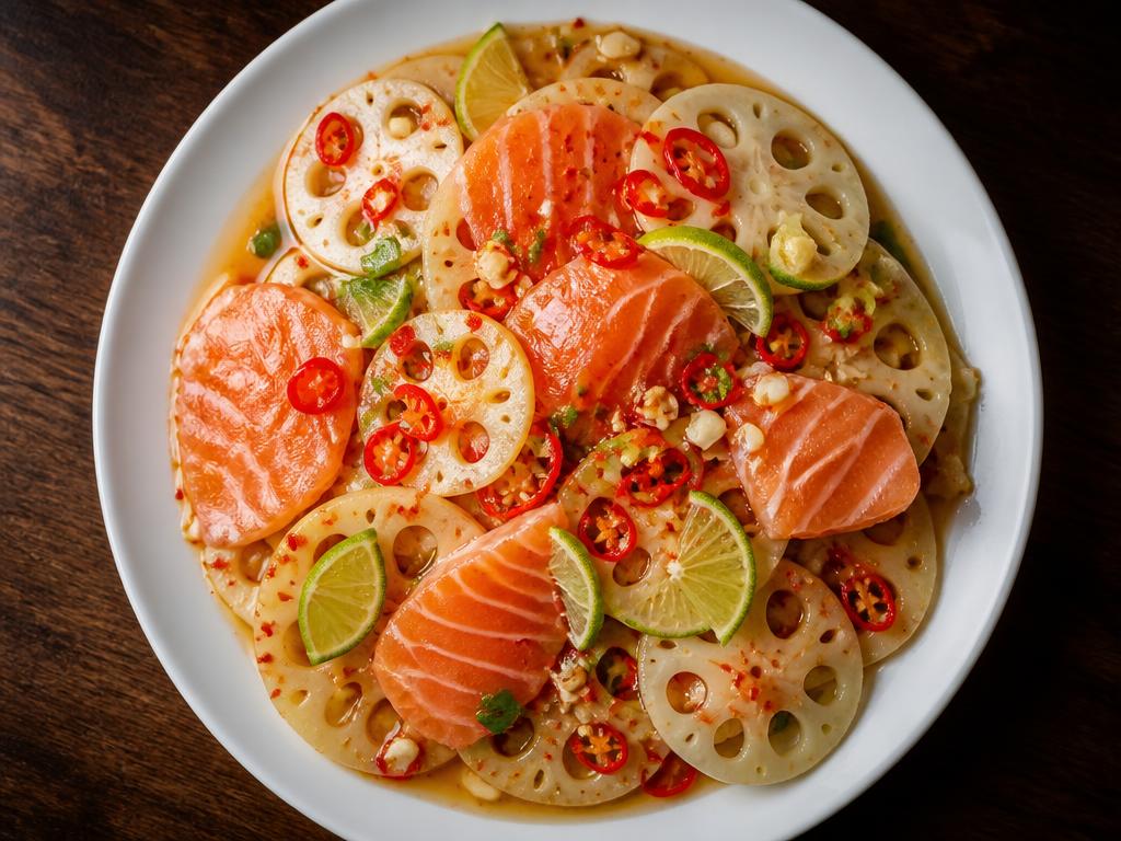 Spicy lotus stem salad with salmon