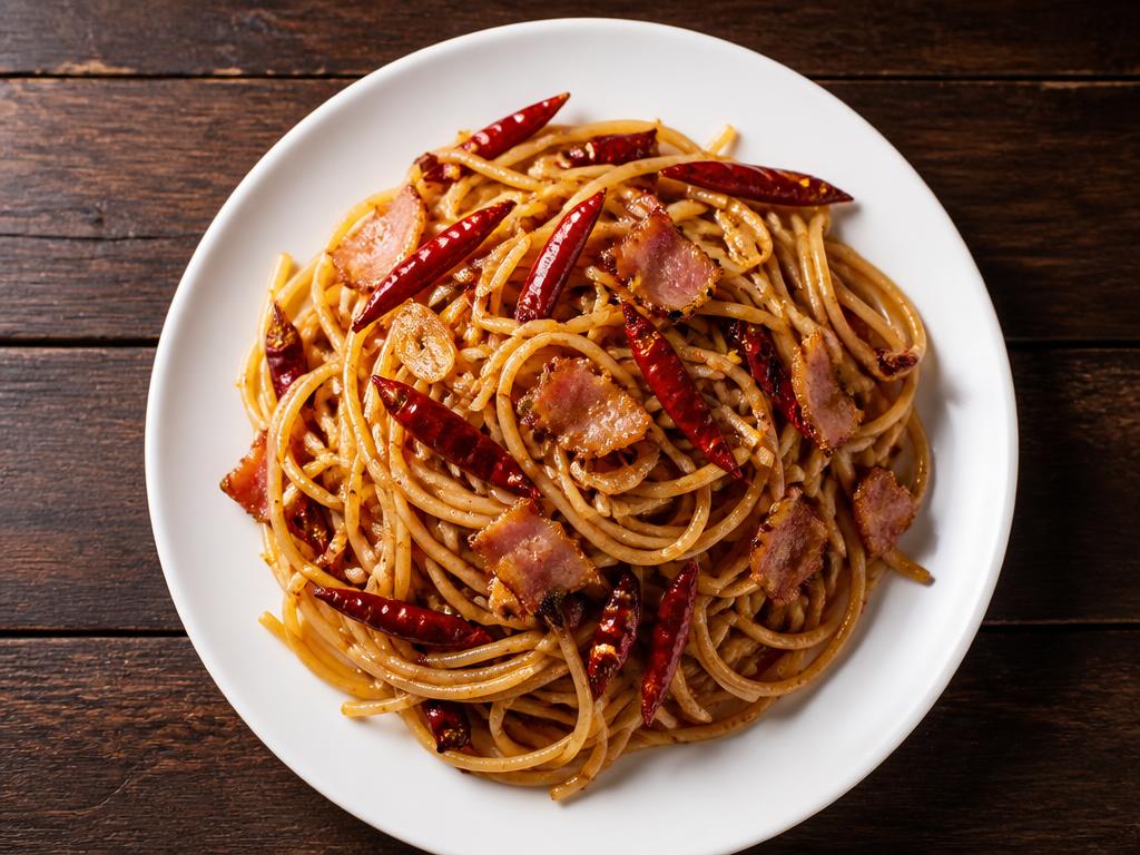 Stir-fried spaghetti with dried chili