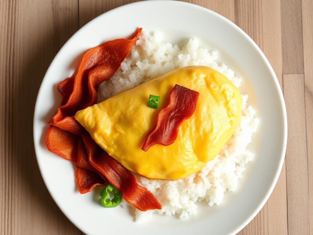 Creamy omelet with bacon on rice