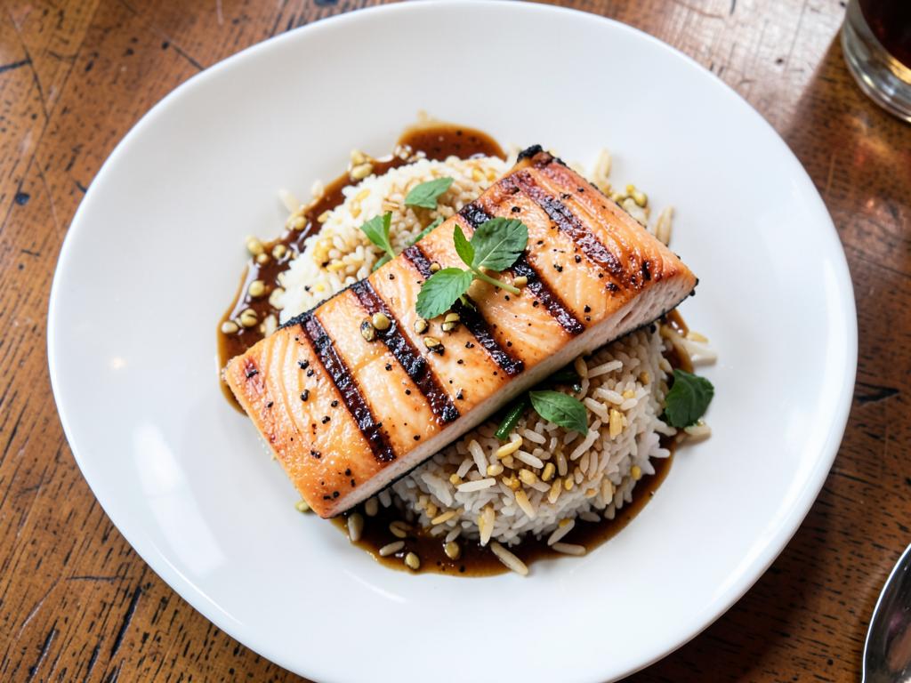 Grilled salmon with garlic rice and sauce